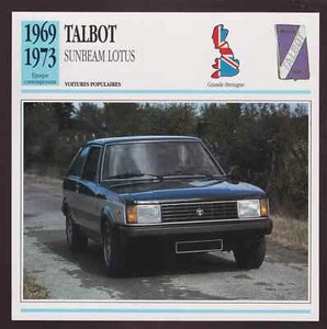 CARTE FICHE AUTO TALBOT SUNBEAM LOTUS - Imagen 1 de 1