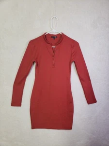 Fashion Nova Women Dress Small Brown Poly B Long Sleeve Crew Neck Slim Mini - Picture 1 of 17