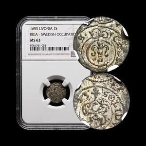 LIVONIA. 1653, Schilling, Silver - NGC MS63 - Christina, Solidus, Griffin, Riga - Picture 1 of 5