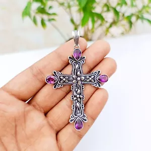 Amethyst Cross Pendant 925 Sterling Silver Handmade Gemstone Jewelry 2.83" - Picture 1 of 4