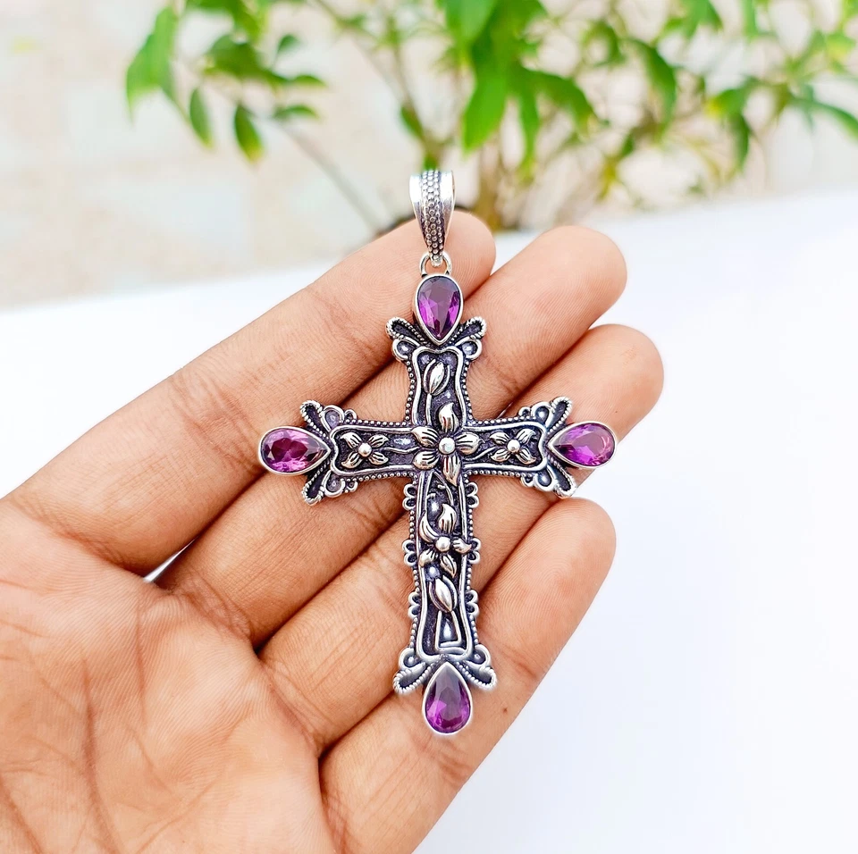 Amethyst Cross Pendant 925 Sterling Silver Handmade Gemstone Jewelry 2.83" - Image 1 of 4