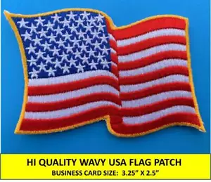 USA AMERICAN FLAG EMBROIDERED PATCH WAVING WAVY IRON-ON SEW-ON GOLD BORDER  - Picture 1 of 4