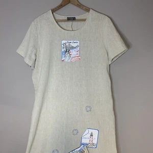 VTG USA Travel Maxi Dress Muumuu Womens L/XL Novelty Passport Stamps Linen? - Picture 1 of 7