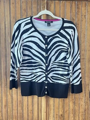 Cárdigan Casa Blanca Mercado Negro LG Cebra Tachonado Lentejuelas Recortado Elástico Botón Foto 1 de 4