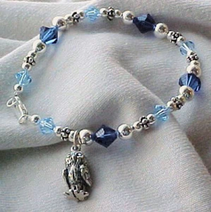 Owl Bracelet, Sterling Charm on Blue Fine Crystal Beaded w/Sterling Hand-Crafted - Picture 1 of 1