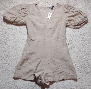 Express Women’s Biege Puff Sleeve Romper V-Neck Size Small Pockets NWT - Picture 1 of 7