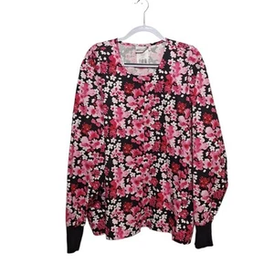 UA Scrub Womens Long Sleeve Scrub Jacket 3X Snap Front Pink Floral Pockets Nurse - Picture 1 of 12