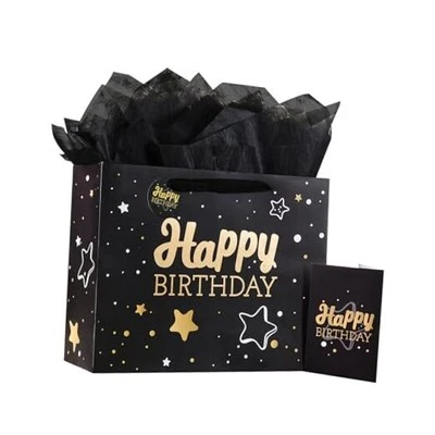 Bolsa de regalo de cumpleaños negra con papel de seda y tarjeta de felicitación, 13'x10,2'x4,9',  Foto 1 de 4
