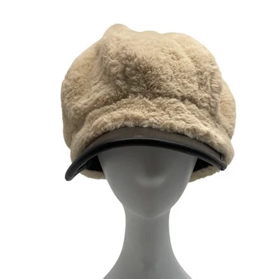 Gorra de noticiero beige de piel de inspiración vintage con borde de cuero sintético negro para mujer Foto 1 de 4