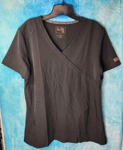 Ladies SoMi Black Stretch Scrub Top Size LG V-Neck 2 Front Pockets EPOC  - Picture 1 of 7