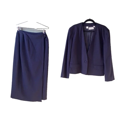 Anne Klein Skirt Suit Womens 10/14 Vintage 100% Wool Navy Blue Pencil Wrap Midi - Image 1 of 4