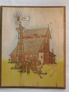 Vintage Carved Wood Plaque Pyrography Burned Folk Art Barn Farm Windmill Wagon - Picture 1 of 11