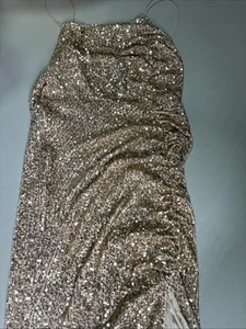Gold Sequined Fashion Nova Long Ruched & Spaghetti Strap Dress Gown | Size L - Picture 1 of 4