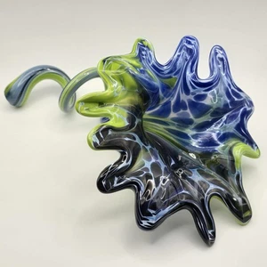 Murano Glass Art Flower Figure Vintage Green Blue Hand Blown Pulled 10 Inch - Picture 1 of 13