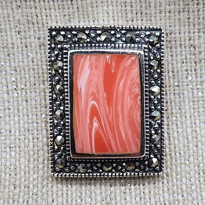 Vintage Orange Spiny Shell Oyster Marcasite 925 Sterling Silver Pendant Foto 1 de 4