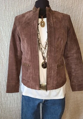 Chaqueta de cuero marrón liso 100 % cuero tallado con volantes con acento dorado vintage talla Foto 1 de 4