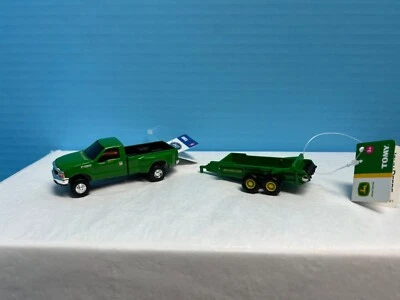 John Deere Green ERTL 1/72 scale Ford F350 2 Door Pickup w/Trailer - Image 1 of 4