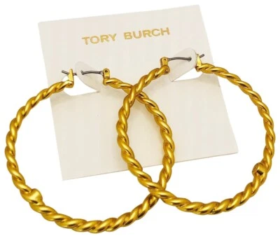 Auténticos NUEVO Tory Burch DORADO Torsade Logo Cuerda 2" Aro Pendientes con Tarjeta Bolsa para el Polvo $148 Foto 1 de 4
