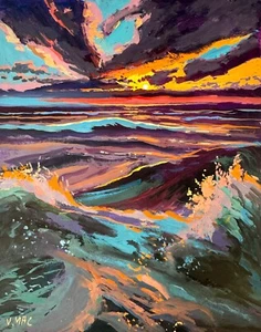 Original Landscape Painting signed Sea Sunset Collectible Impressionism artwork - Picture 1 of 3