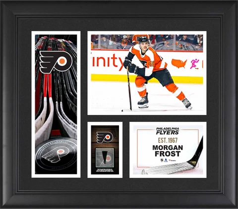 Morgan Frost Philadelphia Flyers Frmd 15 x 17 Player Collage & Piece of GU Puck Cover