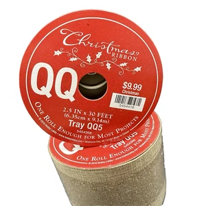 2 Rollen Drahtband 2,5" x 30' Hellbraun Metallic Gold Gestreift Weihnachten Feiertage - Bild 1 von 5