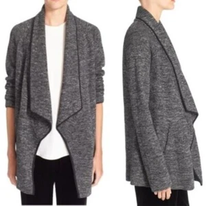 Theory Carileen Westade Waterfall Cardigan Sweater Jacket Black Gray Marl Large - Picture 1 of 5