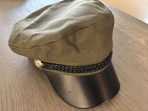 GEMVIE Chauffeur Hat Green Canvas Black Leather Brim Braid Trim Newsboy No Wear - Picture 1 of 11