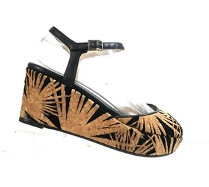 New Jimmy Choo Palm Laser Cut Nature Cork Women Sandals Black Suede Wedges Sz 37 - Picture 1 of 12