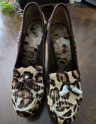 Sam Edelman Talla 8 1/2 Marrón Tostado Guepardo Piel Real Madera Alta Cuña Tacón Zapato Foto 1 de 4