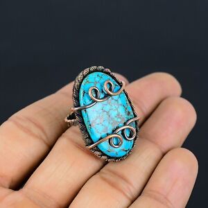 Tibetan Turquoise Gemstone Jewelry Copper Wire Wrapped Handmade Ring For Gift