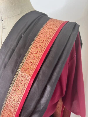 SILK SARI - Black and Burgundy - Image 1 of 4