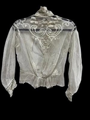 Antique Edwardian Lace Blouse  1900-1915  Sheer Net High Collar Top | Victorian - Image 1 of 4