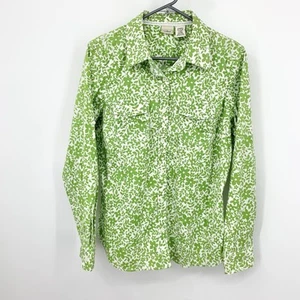LL Bean Women Size Large Shirt Button Down Top Green White Floral Oxford Stretch - Picture 1 of 6