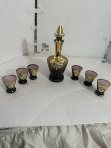 Vintage Amethyst Böhmische Karaffe und 6 Gläser mundgeblasen bemalt 24kt Gold - Bild 1 von 14