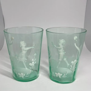 Pair of 2 Vintage Mary Gregory Style Green Glass Tumblers, 4" Tall - Picture 1 of 3