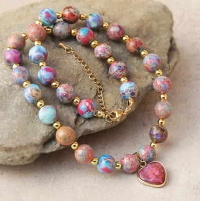 Boho Red Jasper Stone Heart Pendant & Multi Color Beaded Necklace Gold Accents  - Image 1 of 4
