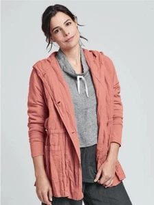 FLAX Womens Boardwalk Jacket Size Large Linen Hooded Lagenlook Orange Pockets - Picture 1 of 17