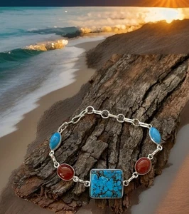 Pulsera de piedras preciosas turquesa y cornalina 19 cm de largo - plateada - nueva - Imagen 1 de 5