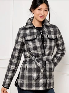 TALBOTS BLACK IVORY PLAID TIE WAIST QUILTED SHIRT JACKET COAT PLUS PETITE 1XP - Picture 1 of 6