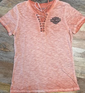 HARLEY DAVIDSON Throttle Lace-up Knit Tee Women’s Size Small Vintage Orange EUC - Picture 1 of 20