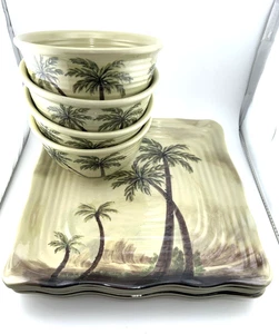 Tabletops Unlimited BAHAMAS PALM TREES Set Of Melamine 4 Square Plates & 4 Bowls - Picture 1 of 7