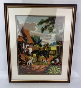 Vintage Gobelin Bild - Landhaus Szene - Landhaus, Pferde & Garten 54 x 44 cm - Bild 1 von 5