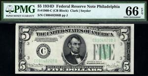 1934d $5 Philadelphia Federal Reserve Note FRN • Fr.1960-C • PMG 66 EPQ