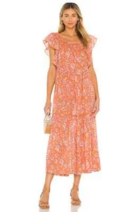 Free People Bonita Floral Print Flutter Sleeve Midi Dress Orange Size L RRP $148 - Picture 1 of 3