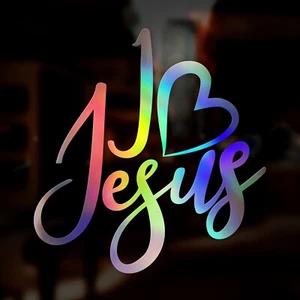 I Love Jesus Car Sticker, Christian Faith Oil Slick Chrome Holographic Decal - Picture 1 of 1