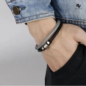 Men's Stainless Steel Leather Bracelet Magnetic Silver Clasp  Wristband black - Picture 1 of 6