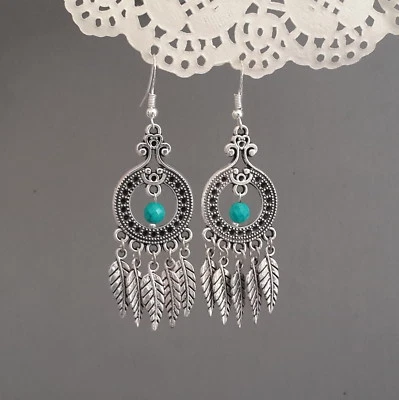 Brincos de lustre de penas grandes longas turquesa tibetano 925 ganchos de prata esterlina - Imagem 1 de 2
