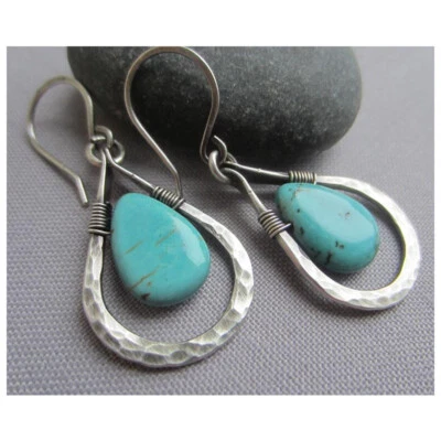 Turquoise Water Drop Earrings Jewelry Natural Tibetan Silver Women Carved - Image 1 of 4