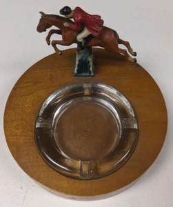 Vintage 50s Equestrian English Horse Jockey Racing Pony Wood Glass Ashtray - Picture 1 of 7