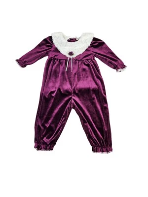 Mono Vintage Años 90 Rosa Cottage Ciruela Púrpura Terciopelo Guipur Encaje Talla 24M G75 Foto 1 de 4